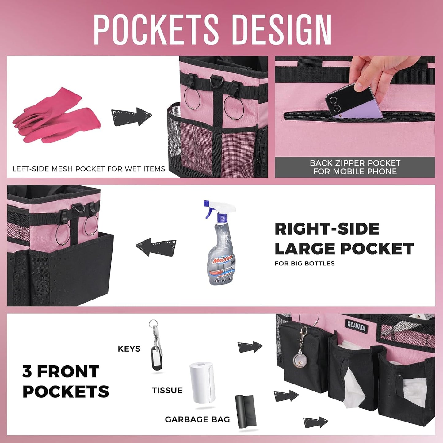 SCAVATA Wearable Cleaning Caddy Bag, Supplies Organizer with Handle & Shoulder Straps for Housekeepers, Under Sink & Car Cleaning Tool Organizer with 4 Foldable Dividers (Black)