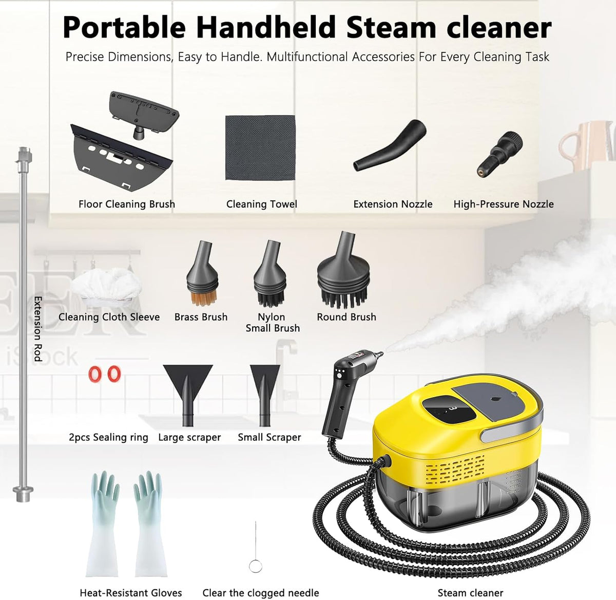 2026 New 3 Level Adjustable Pressurized Handheld Steam Cleaner for Home, 10s Heat-Up Handheld Steamer for Cleaning, 1.6 Qt Tank Portable Steam Cleaner Handheld for Car (Yellow, 1 Set)
