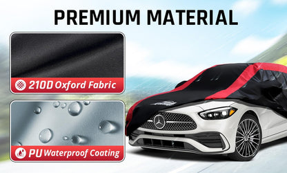 Car Cover Waterproof All Weather Protection with Red Stripe Design, Universal Fit Toyota Camry Solara, Ford Fusion, Kia Stinger Optima, Nissan Maxima, VW Passat, Subaru Legcy