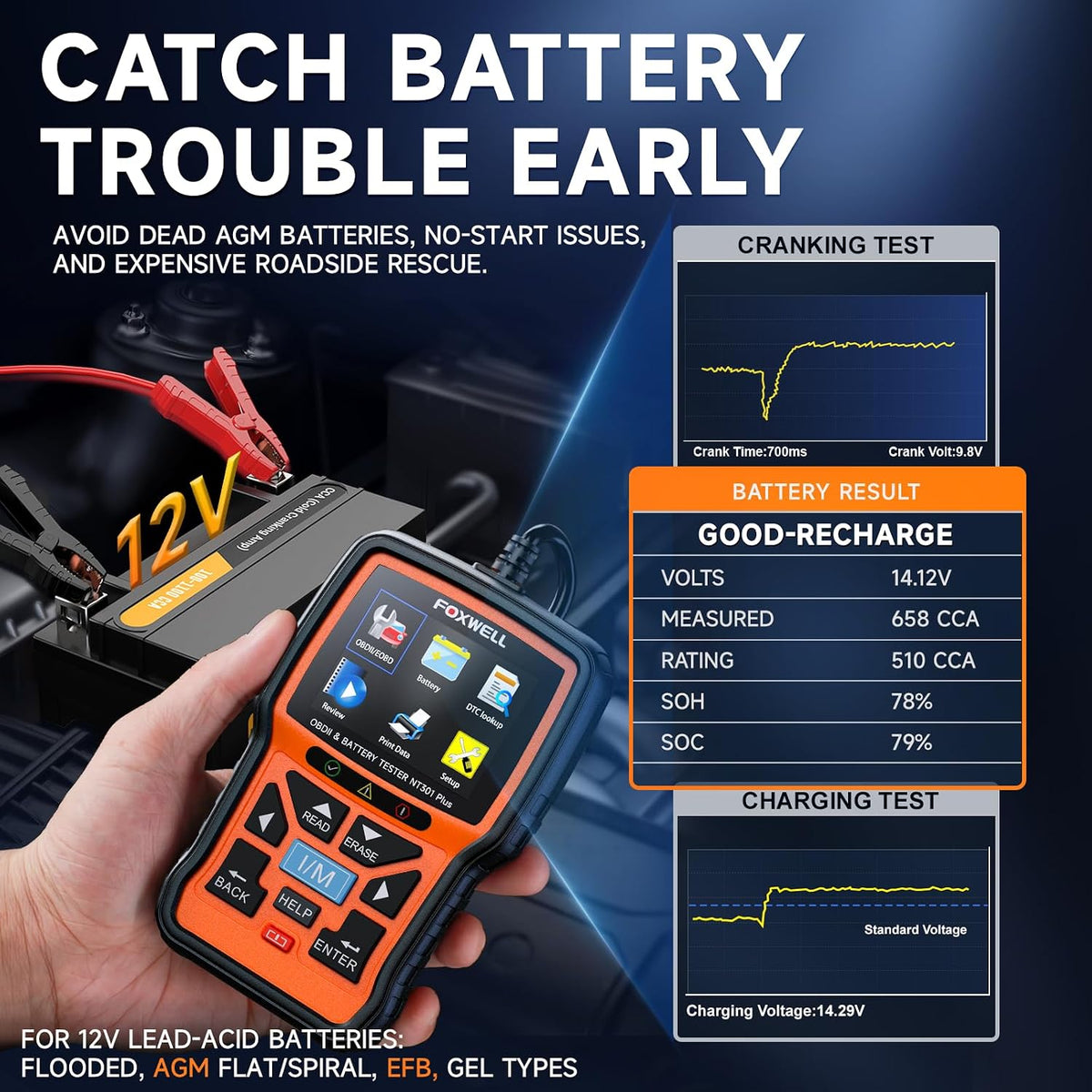 FOXWELL 2-in-1 NT301 Plus OBD2 Scanner with 12V Battery Tester, Check Engine Light Code Reader, Car Battery/Starter/Charging System Test, Live Data Diagnostic Tool for 1996+ OBDII Vehicles