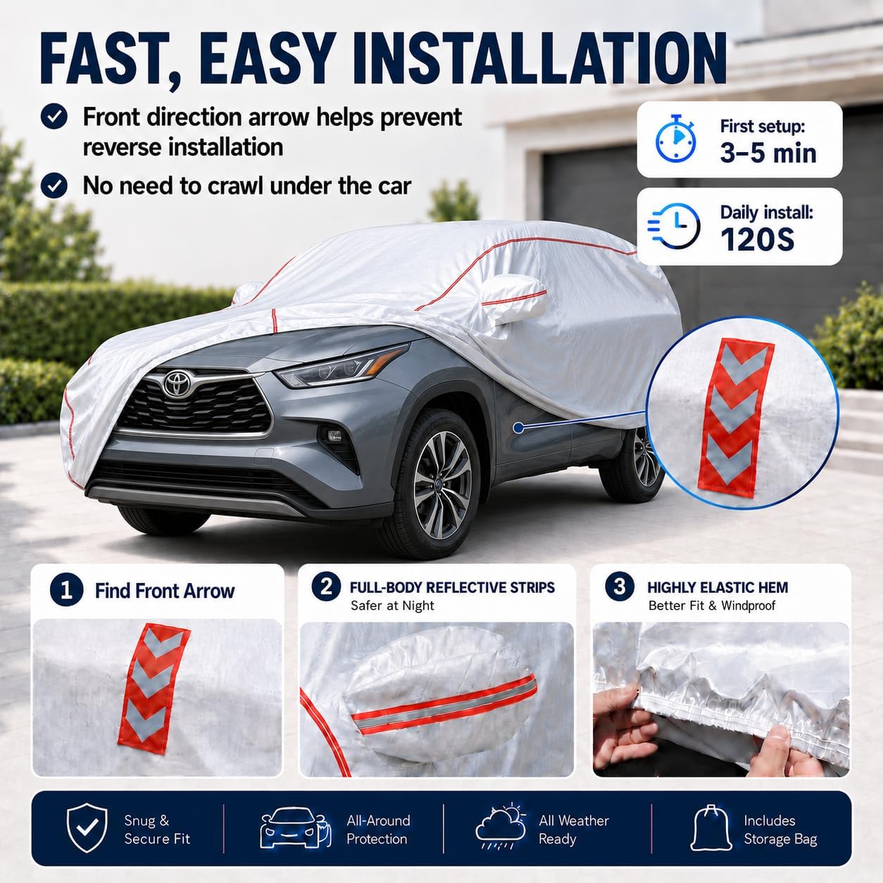 Car Cover for Sedan, Waterproof All Weather Heavy Duty, 360° Underbody Wrap Windproof Design, Quick Install Outdoor Vehicle Cover, Fits 186-193 in