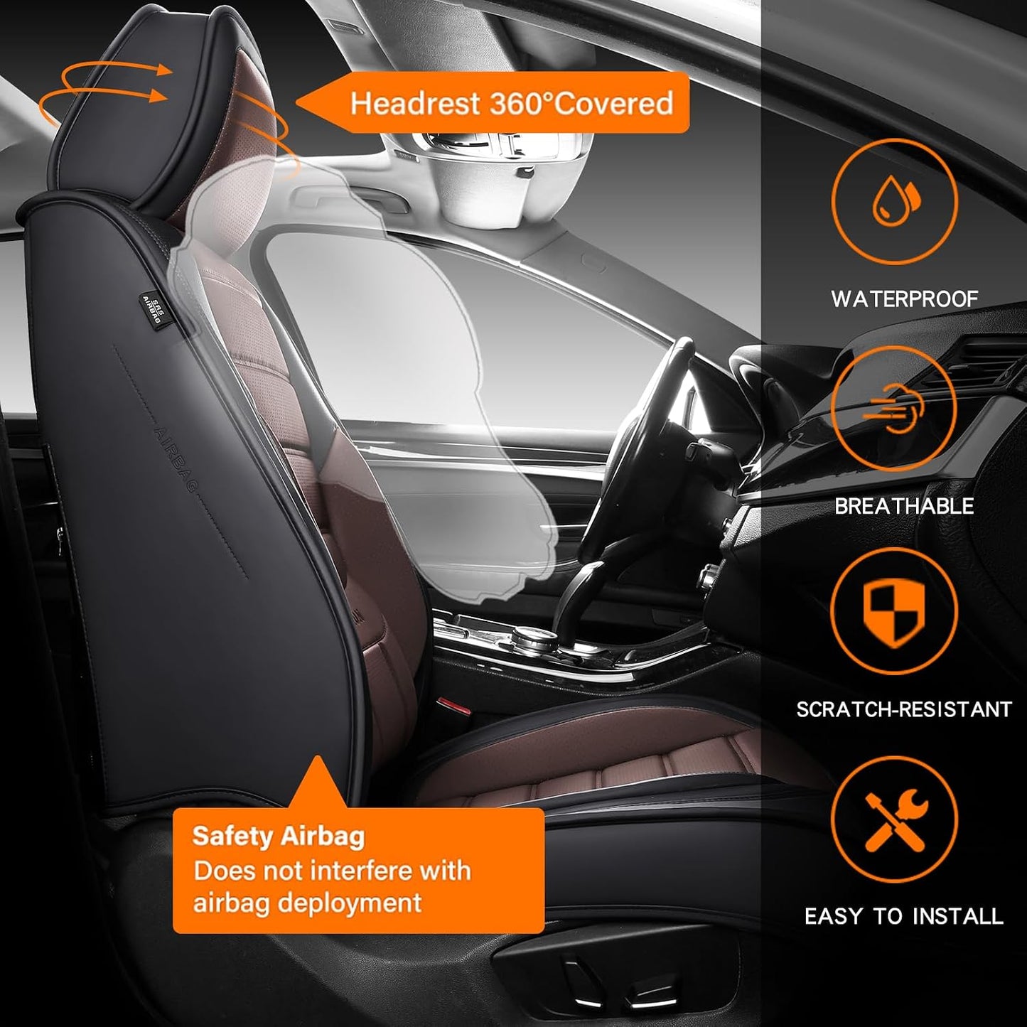 MINGBRON Car Seat Cover Full Set, Leather Car Seat Cover, Waterproof Seat Covers, Car Seat Cushion, Nappa Leather Seat Covers Car Seat Protector Universal Fit Most Cars Black