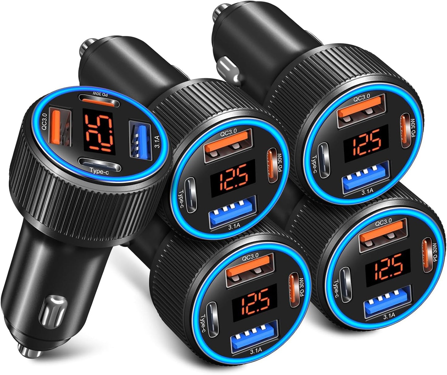 USB C Car Charger 3 Pack, Costyle 65W 4 Port Car Power Adapter with Voltmeter PD 30W/QC 3.0 Fast Charging Cigarette Lighter USB Charger Plug for iPhone 16/15/14/13/12/11 Pro Max/Pad,Android(Black)