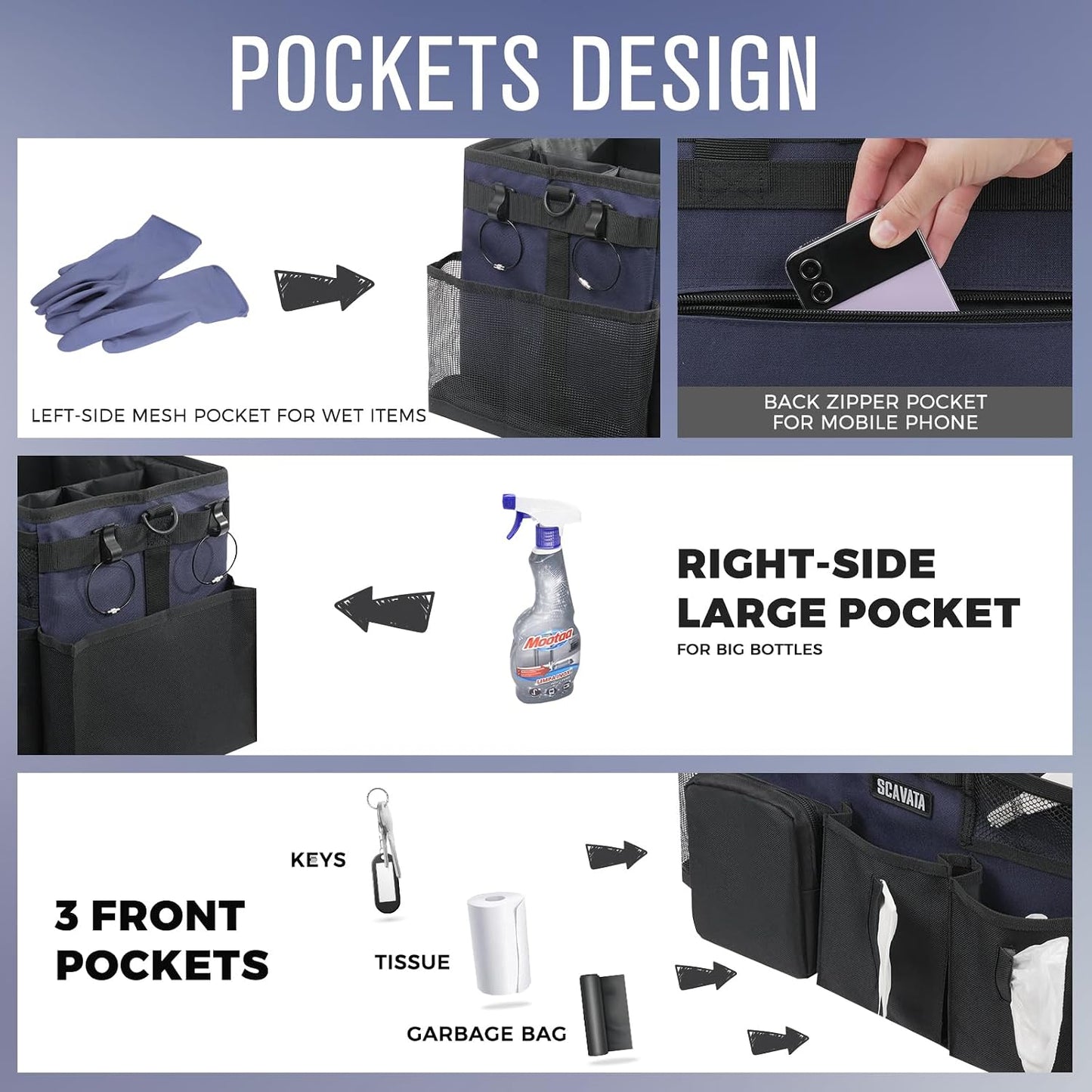 SCAVATA Wearable Cleaning Caddy Bag, Supplies Organizer with Handle & Shoulder Straps for Housekeepers, Under Sink & Car Cleaning Tool Organizer with 4 Foldable Dividers (Black)