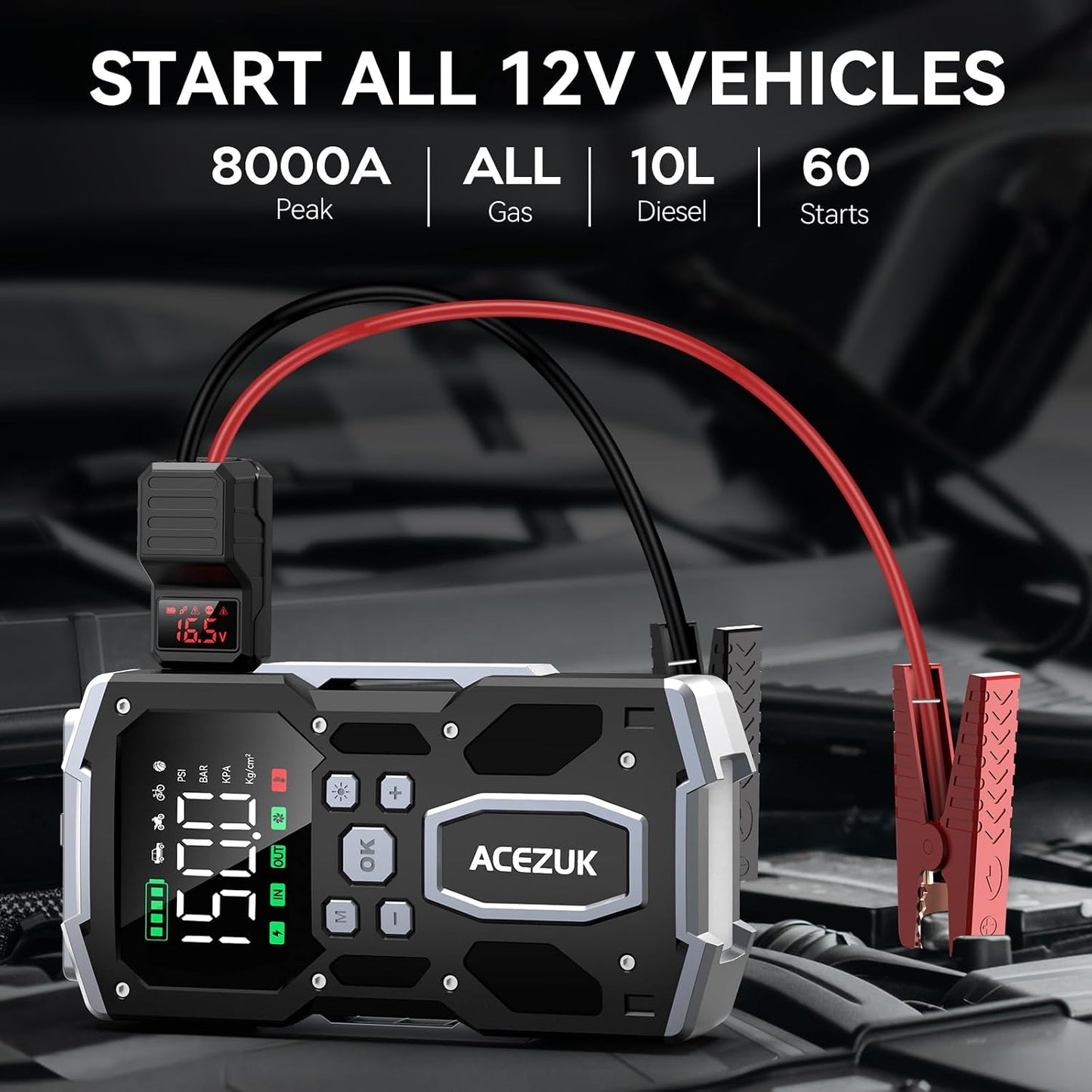 Portable Car Jump Starter with Air Compressor, ACEZUK 160PSI 8000A Jump Starter (All Gas/10.0L Diesel), 12V Battery Jump Box Car Battery Jumper Starter with 3.4" LCD Display, 2 Lights