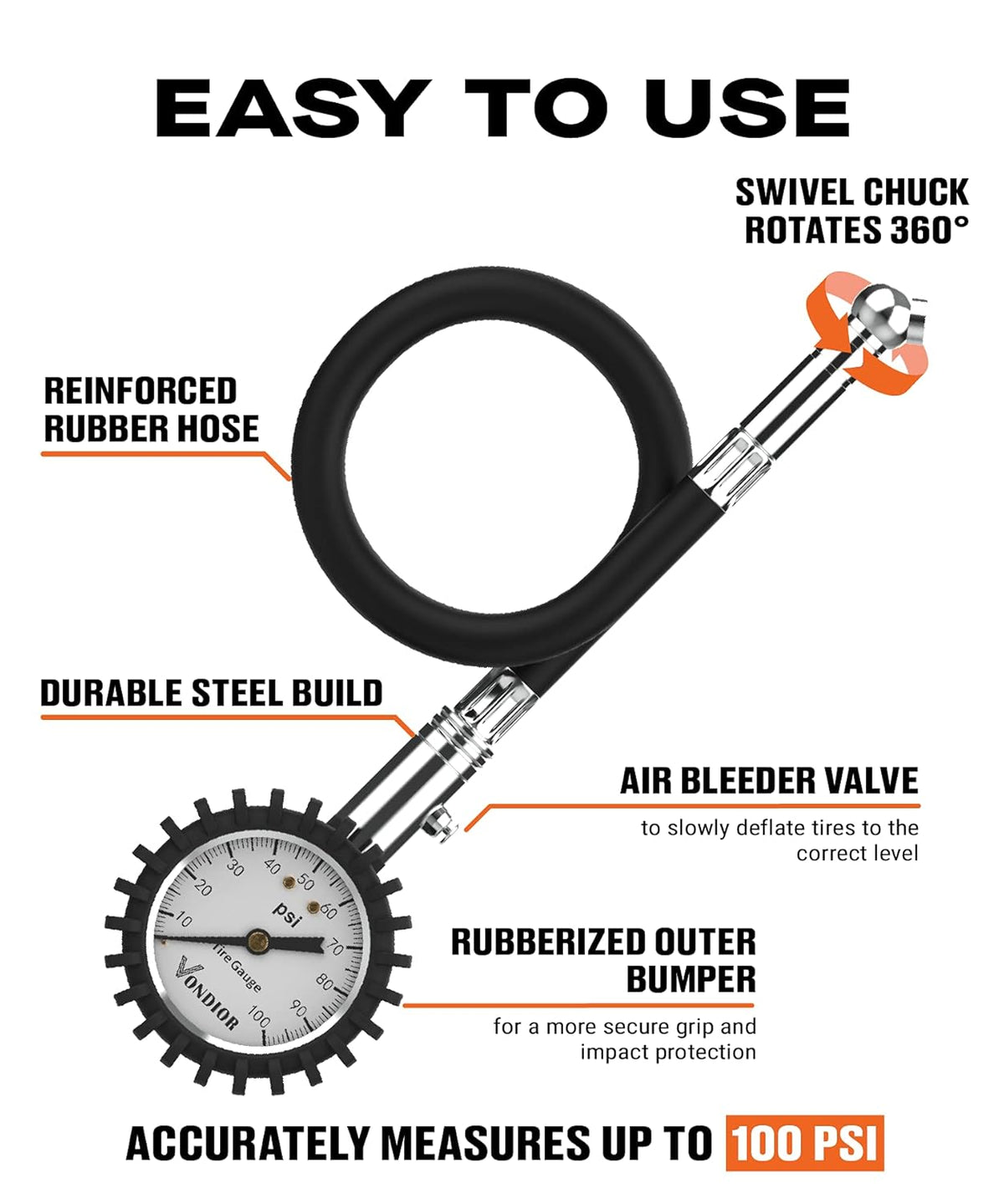 Tire Pressure Gauge - (0-60 PSI) Heavy Duty, Certified ANSI Accurate with Large 2 Inch Easy to Read Glow Dial, Low - High Air Pressure Gauge. Tire Gauge for Car and Trucks Tires by Vondior