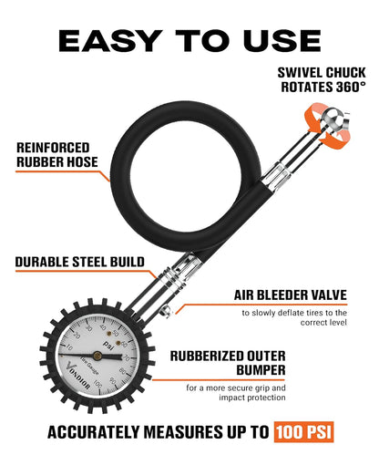 Tire Pressure Gauge - (0-60 PSI) Heavy Duty, Certified ANSI Accurate with Large 2 Inch Easy to Read Glow Dial, Low - High Air Pressure Gauge. Tire Gauge for Car and Trucks Tires by Vondior