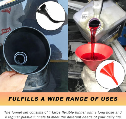 5PCS Wide Mouth Oil Funnel, Plastic Wide Mouth Flexible Fuel Funnel with Hose & Mesh Filter, Multi-Functional Large Oil Funnel Set for Filling Bottles Gas Transfer
