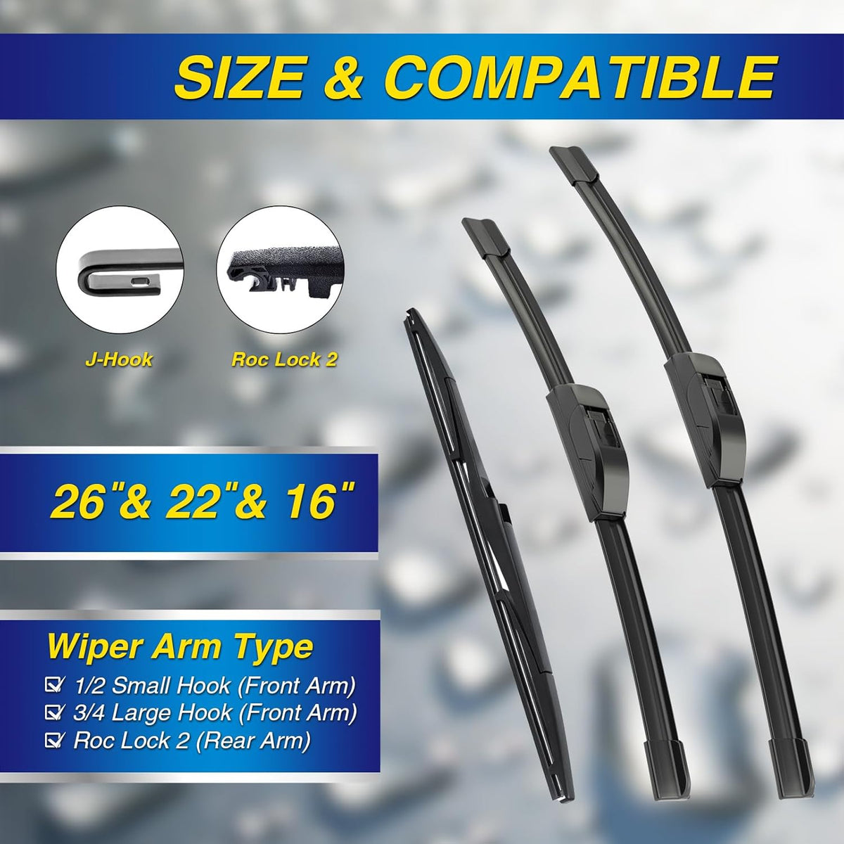 5 PLUS® Silicone Windshield Wipers Replacement for 2019-2024 Toyota RAV4/ 2006-2015 Mazda 5 Wiper Blades(Set of 3), Windshield Wiper Blades For My Car-26"/16"/12" - Colors B
