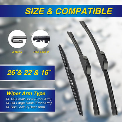 5 PLUS® Silicone Windshield Wipers Replacement for 2019-2024 Toyota RAV4/ 2006-2015 Mazda 5 Wiper Blades(Set of 3), Windshield Wiper Blades For My Car-26"/16"/12" - Colors B