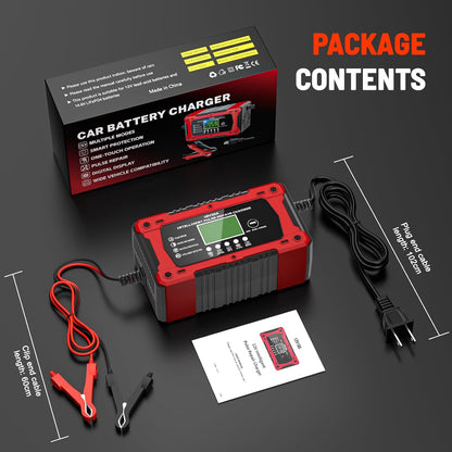 Battery Charger 15A 12V Fully Automatic Smart Trickle Car Battery Charger Maintainer with LCD Display & Temperature Compensation for Car Truck Motorcycle Lawn Mower Boat
