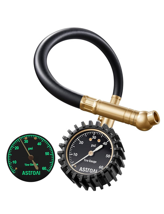 AstroAI Tire Pressure Gauge for Cars with Large 2" Dial, Solid Brass with Rubber Hose, Air Bleeder Valve, ANSI B40.1, 0-60PSI