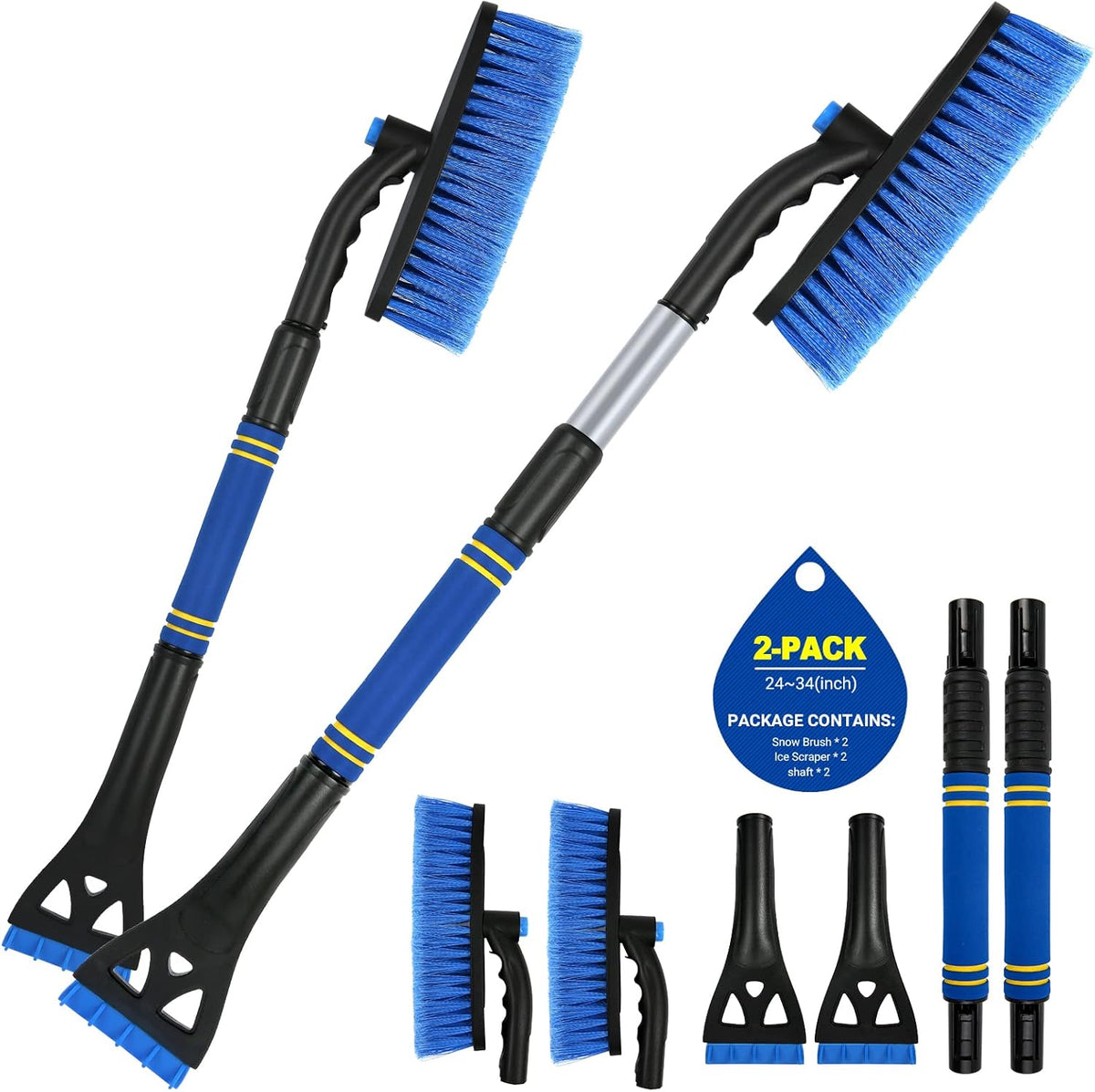 34" Extendable Ice Scrapers for Car Windshield 2-in-1 Snow Brush for Car Snow Scraper for Car Snow Scraper and Drush with Ergonomic Foam Grip for Cars, Trucks, SUVs with 360° Pivoting Brush Head Blue
