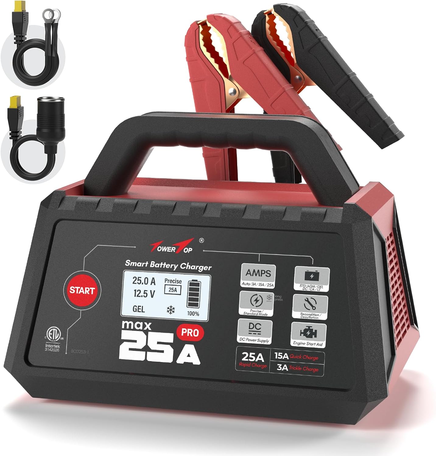 TowerTop 2/10/25 Amp 12V Smart Car Battery Charger, Fully Automatic Battery Maintainer with Engine Start, Auto Desulfator, Battery Repair, Winter Mode, for AGM, STD, Gel, Deep Cycle Batteries