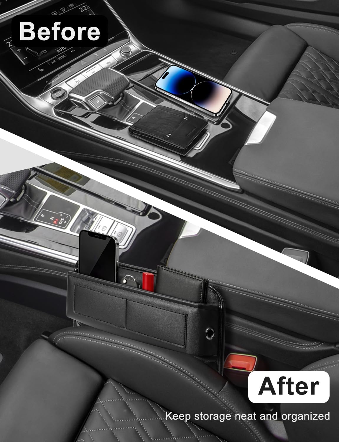 Universal Fit Car Gap Filler, Premium Leather Front Seat Gap Filler Organizer Center Console Seat Side Essentials Organizer with Card Slots, Easy Access to Phone, Sunglasses, Key for Car, SUV Truck