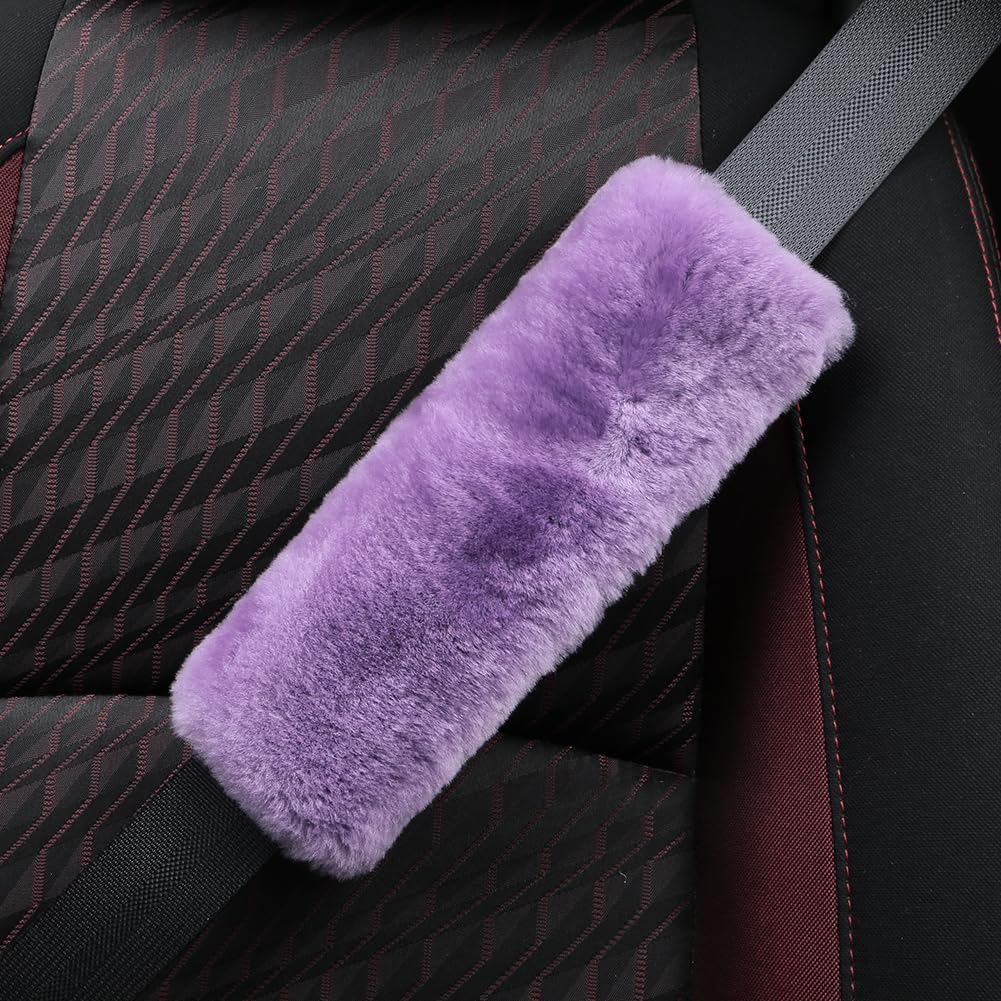 AOGELAN 2 Pack Black Fluffy Fuzzy Genuine Sheepskin Car Seat Belt Cover Pad, Seatbelt Cushion for Soft Auto Lambswool Shoulder Strap Cushion Adults (2, Black)