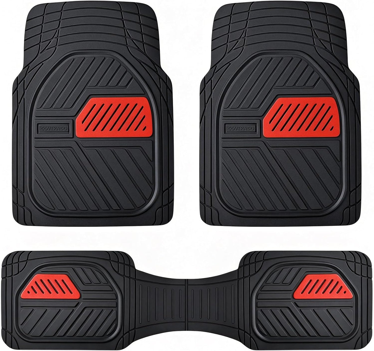 Coverado Car Floor Mats All Weather Waterproof Deep Dish Anti-Slip Car Mats Set, Heavy Duty Rubber Floor Mats for Cars, Universal Trim to Fit Automotive Floor Mats for Cars Trucks SUV, Black&Red