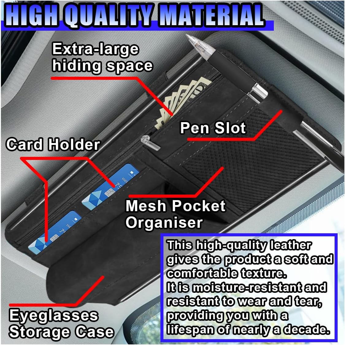 Car Sun Visor Organizer, Leather Multi-Pocket Glasses Card Holder with Zipper, Waterproof Scratch-Resistant Sunshade Storage Bag, Universal Auto Interior Accessory for Car/Truck/SUV (Grey)