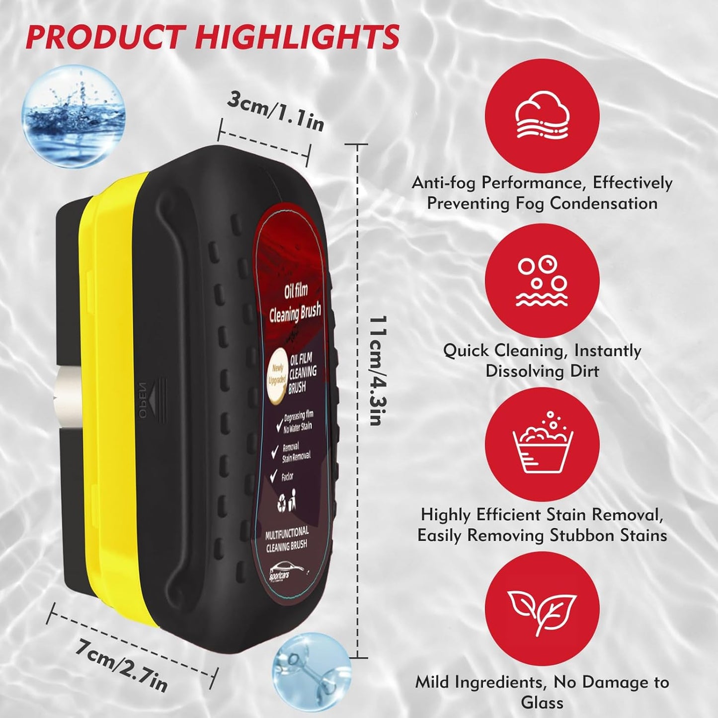 Automotive Oil Film Cleaning Brush with Reusable Foam Sprayer, Upgraded Antifog Glass Cleaning Board, Glass Oil Film Remover for Car Windows & Windshields, Versatile Car Glass Cleaner Brush (Red)