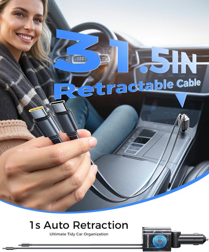 SUPERONE Retractable Car Charger for iPhone with Dual Type C Cables, 4 in 1 USB C Car Charger Adapter with 69W Fast Charging Compatible with iPhone 17 16 15 14 13 12 11 Pro/XS/XR/SE/iPad/Airpods