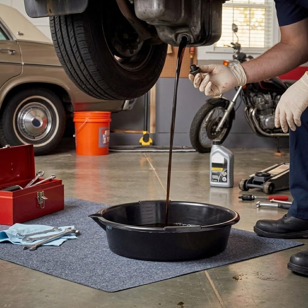 Oil Drain Pan, 7-Quart Oil Change Pan with Built-in Scale and Spout, Portable Waste Oil Catch Basin for Garage and Car Engine Maintenance, Black