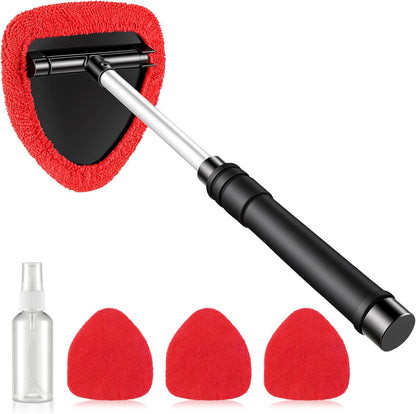 JUSTTOP Windshield Cleaner Tool, Car Interior and Exterior Window Cleaning Kit with Extendable Handle & 4 Reusable Microfiber Pads, Auto Glass Wiper Brush Kit for Car & Home Windows (Green)