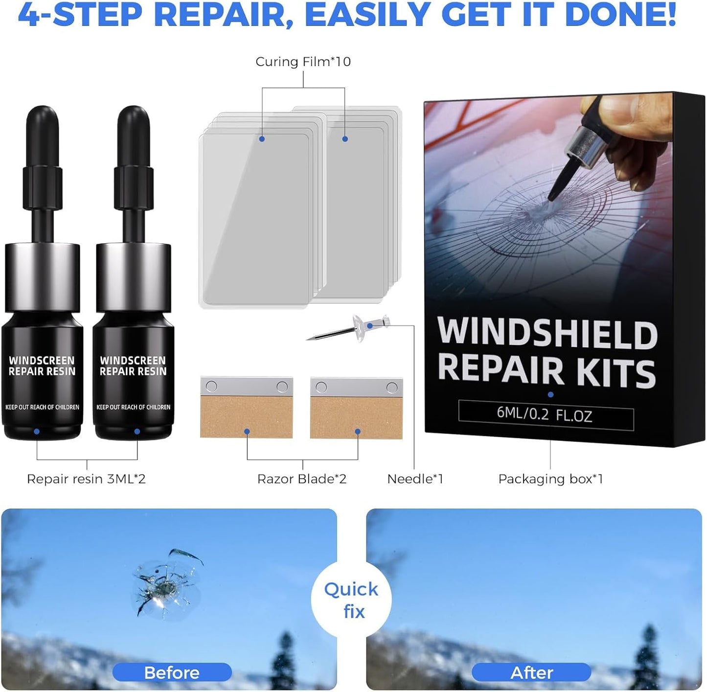 Windshield Repair Kit, Car Windshield Chip Repair Kit, Nano Glass Crack Repair, Auto Glass Crack Chip Quick Fix Tools, Bulls-Eye and Star-Shaped Crack-2 Bottles