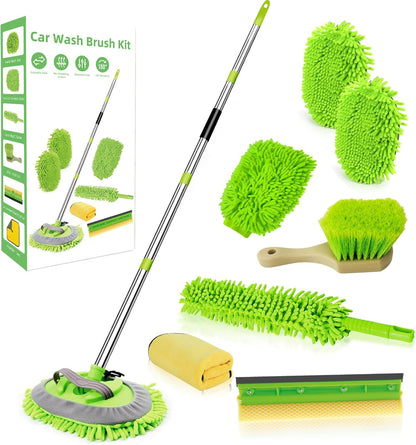 62" Car Wash Brush with Long Handle Chenille Microfiber Car Wash Mop Mitt, Wheel Brush, Windshield Window Squeegee, Car Duster Microfiber Towel, Gloves, for Cleaning Cars, RV, Truck, Boat