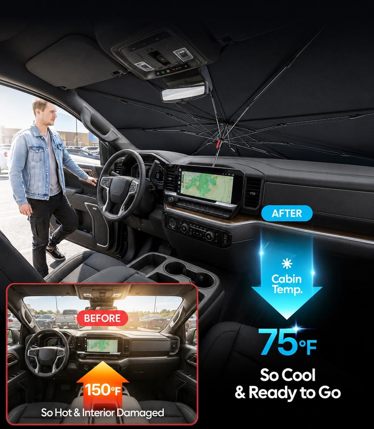 Wigoo Windshield Sun Shade Umbrella for Tesla Model Y [100% Sun Blockage, Ice Cooling Fabric] Foldable Heat Insulation Front Window Sunshade Umbrella for Tesla Model Y 2020–2026 (Juniper)