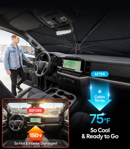 Wigoo Windshield Sun Shade Umbrella for Tesla Model Y [100% Sun Blockage, Ice Cooling Fabric] Foldable Heat Insulation Front Window Sunshade Umbrella for Tesla Model Y 2020–2026 (Juniper)