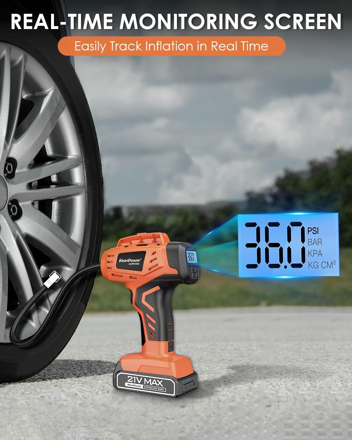 KeenPower Tire Inflator Portable Air Compressor - Super Fast - 21V Rechargeable Battery Powered Handheld 160PSI Tire Inflator, Dual Power Supply Modes, Portable Air Pump for Car Motorcycle E-Bike