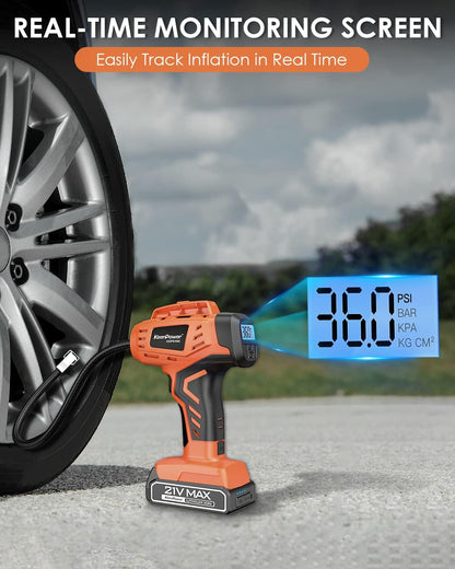 KeenPower Tire Inflator Portable Air Compressor - Super Fast - 21V Rechargeable Battery Powered Handheld 160PSI Tire Inflator, Dual Power Supply Modes, Portable Air Pump for Car Motorcycle E-Bike