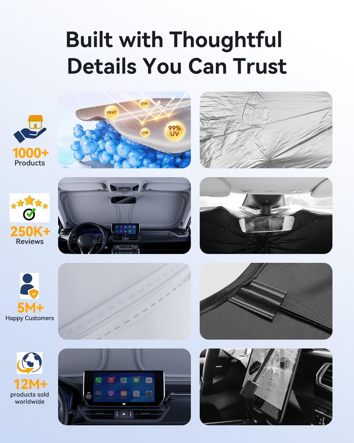 helloleiboo Graphene Car Windshield Sun Shade Car Sun Shade for Windshield with Heat Absorption Coating Foldable Design with UV Protection to Keep Your Car Interior Cooler Silver (X-Large-61 × 34 in)