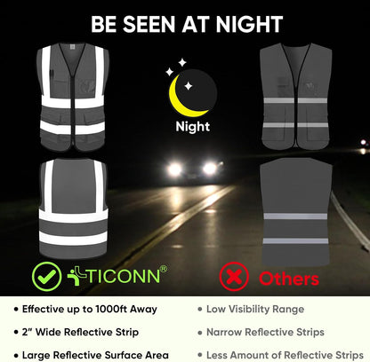 TICONN Reflective Safety Vest High Visibility Class II Mesh Vest for Women & Men Meets ANSI Standards