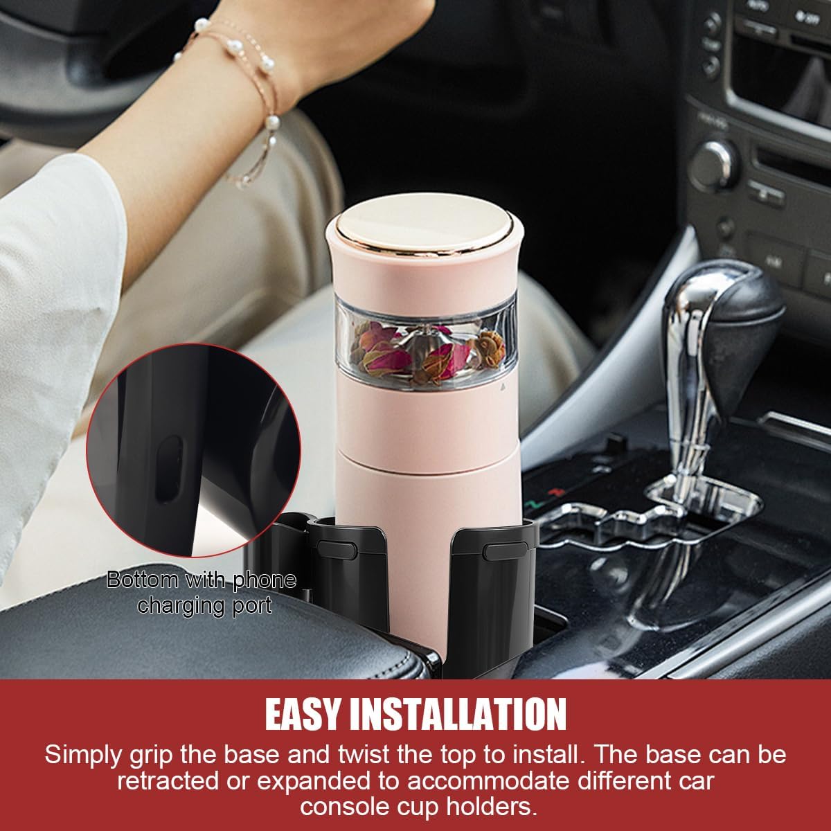 2 in 1 Car Cup Holder Expander with Phone Holder, 2.6"-3.93" Vehicle Cupholder Extender Adapter with Expandable Base, Auto Interior Water Bottle Accessories, Universal fit