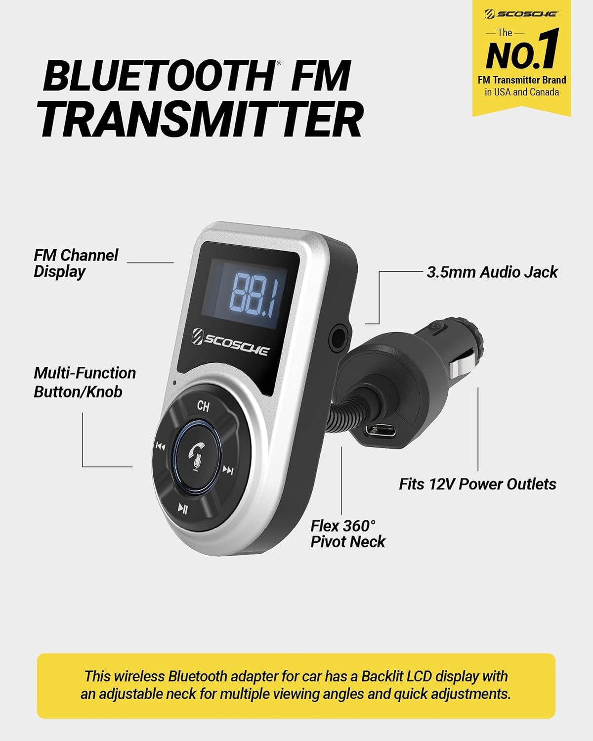 Scosche BTFM9 FM Bluetooth Transmitter Car, Dual 12W USB-C and USB-A Charging Ports, Fast Type C Car Charger, Wireless Radio Bluetooth Adapter, Hands-Free Kit for Calls, Siri and Google Assistant