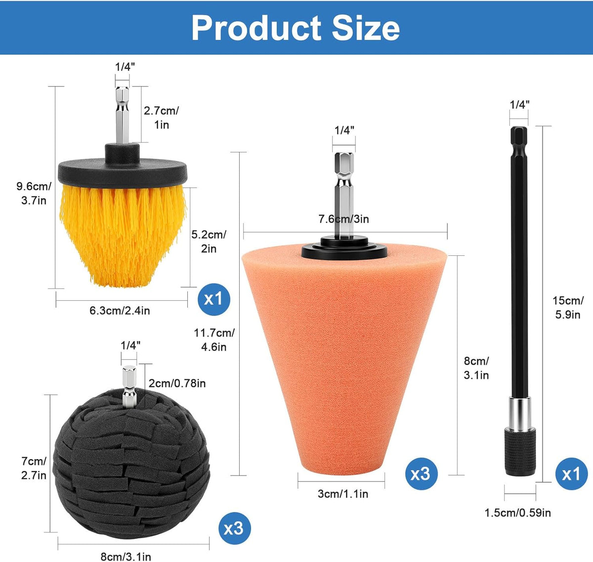 Linkstyle 5PCS Drill Polishing Ball Set, Car Wheel Polisher Sponge Pad Kit with Long Extension Pole & Cleaning Brush, Buffing Ball for 1/4" Hex Drill, Car Rim and Metal Surface Polishing Tool