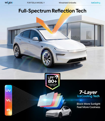 Wigoo Windshield Sun Shade Umbrella for Tesla Model Y [100% Sun Blockage, Ice Cooling Fabric] Foldable Heat Insulation Front Window Sunshade Umbrella for Tesla Model Y 2020–2026 (Juniper)