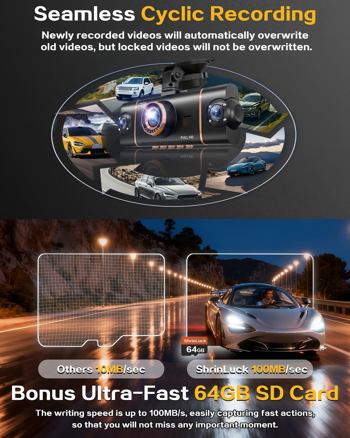 4K+1080P*3 FHD Car Camera, 4 Channel 360° Dash Cam Front Rear Inside & Left Right, 5GHz WiFi & App Control, 24H Parking Mode, G-Sensor, 8 IR Lamps Night Vision, Loop Recording, Includes 64GB SD Card