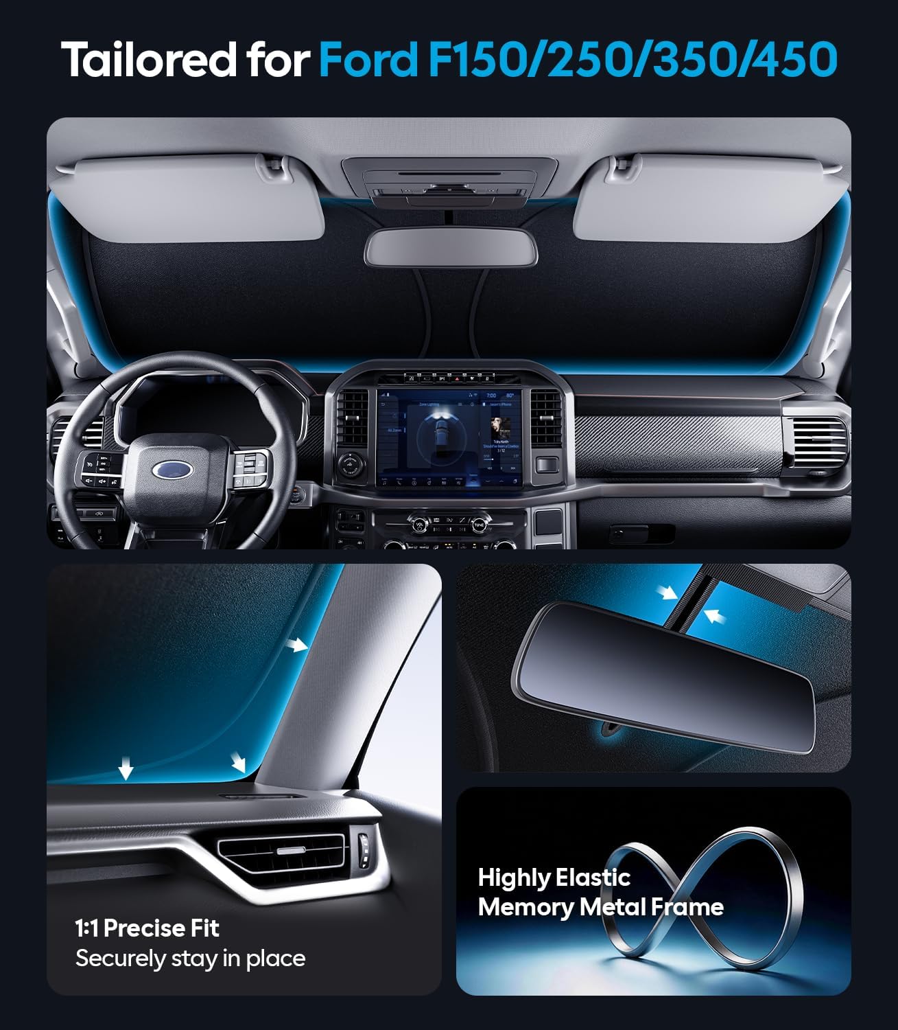 Wigoo Tesla New Model Y Accessories Windshield Sunshade [OEM Design, 100% Sun Blockage] Foldable Heat Insulation Sunshade with Storage Bag, for Model Y 2020~2026 (Juniper), Silver Coating - Colors B