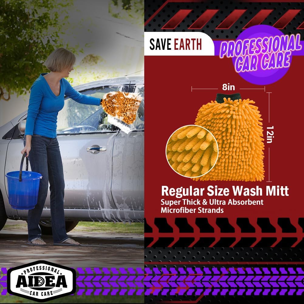 AIDEA Car Wash Mitt Microfiber, 1PK-Scratch-Free& Lint-Free, Premium Chenille Microfiber Mitt Car Wash Brush-Green Regular Size (7.12''X10.14'')