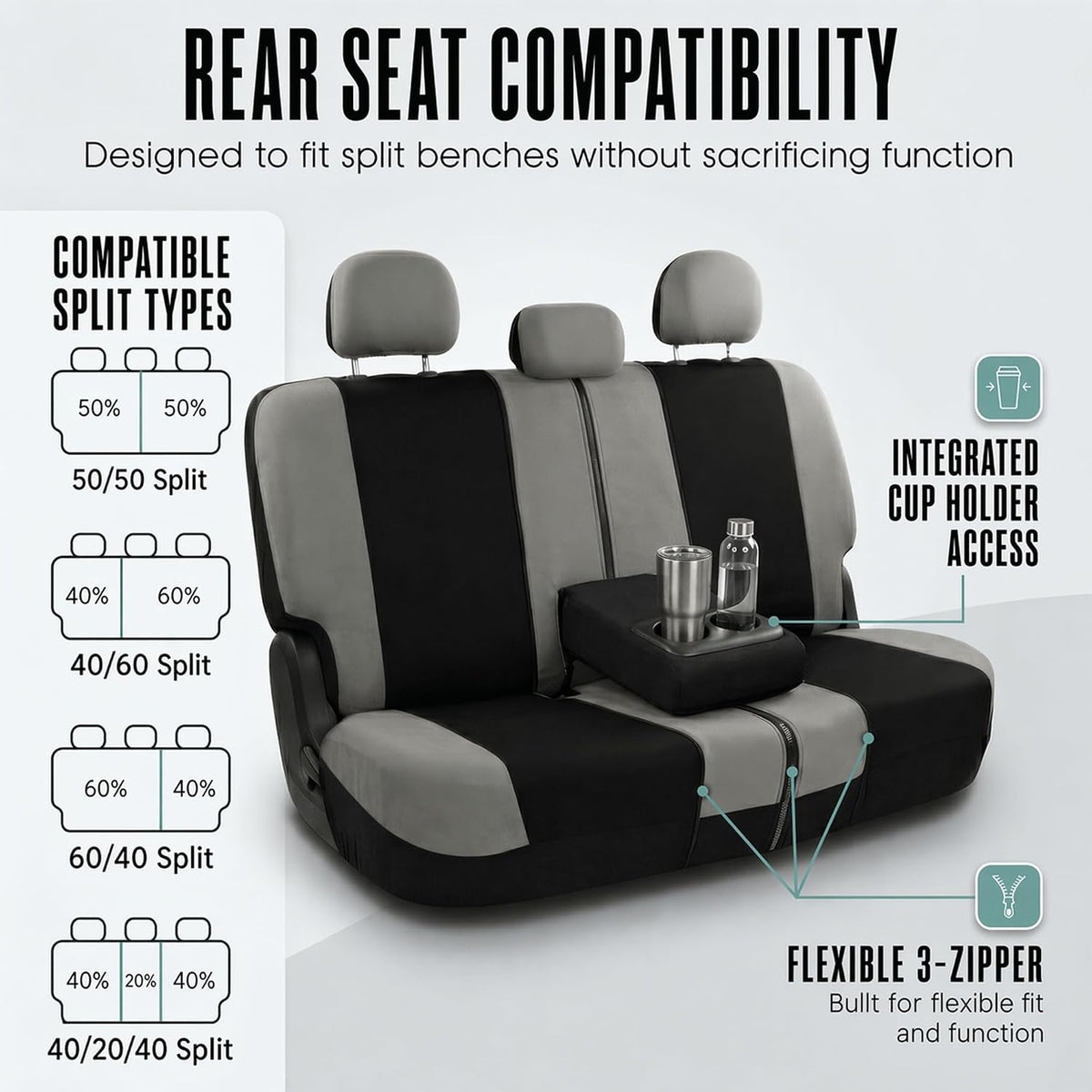 FH Group Full Set Cloth Car Seat Covers, Universal Fit Front and Split Bench Rear, Airbag Compatible, Washable for SUV, Sedan, Van - Black
