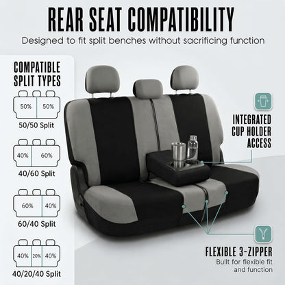 FH Group Full Set Cloth Car Seat Covers, Universal Fit Front and Split Bench Rear, Airbag Compatible, Washable for SUV, Sedan, Van - Black
