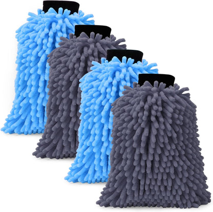 4Pcs Car Wash Mitt Microfiber Gloves Chenille Material Microfiber Towels for Car Washing Supplies Kit Scratch Free Cleaning Fluorescent Green + Royal Blue