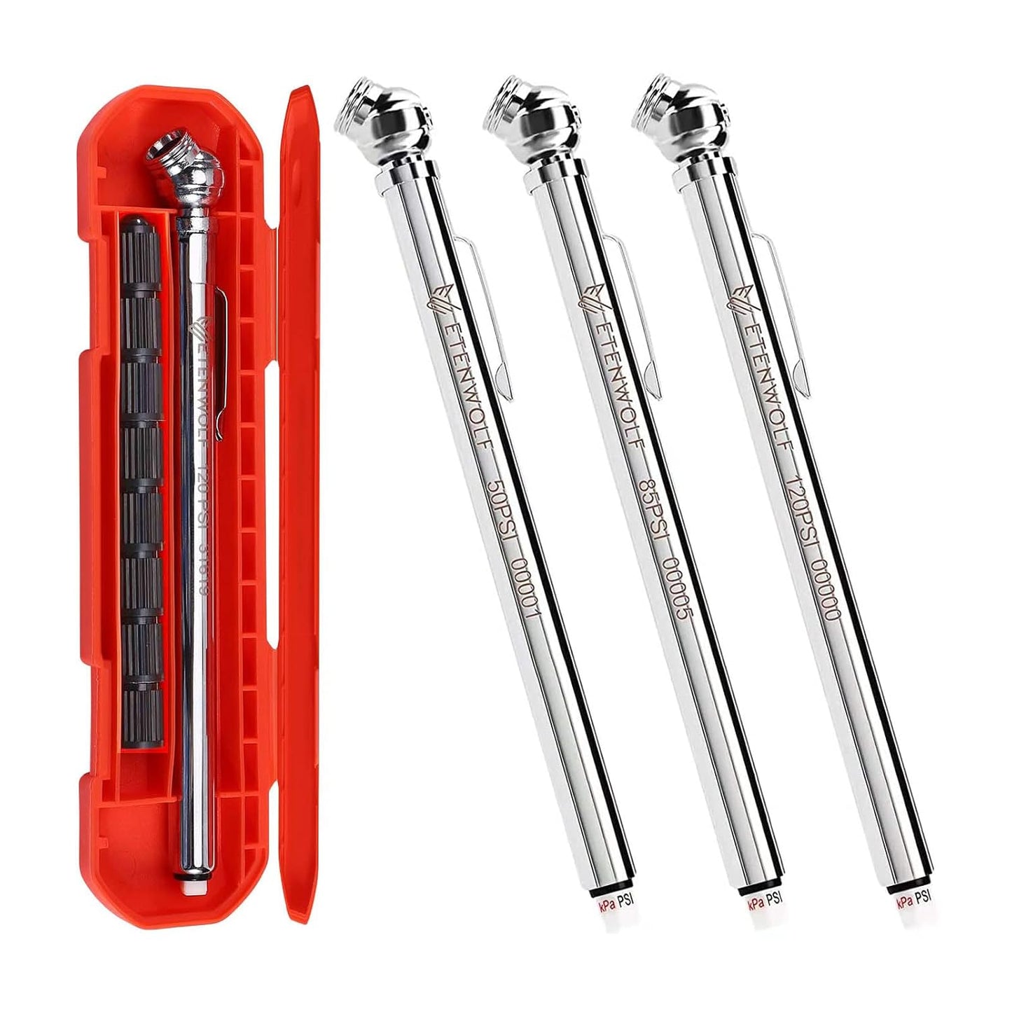 ETENWOLF Pencil Tire Pressure Gauge 2 Pack (10-50PSI, 20-120PSI) with 16 Tire Caps Calibrated to ANSI B40.1 Grade B(2%), Stainless Steel Body, Car Accessories for Cars, Pickups, RVs, Bicycles