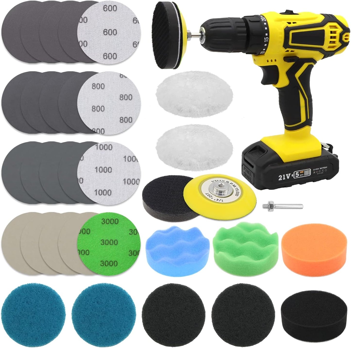 Car Headlight Restoration Kit, 3 Inch Car Polishing Sanding Discs with 1/4 Inch Shank Backing, Scouring Pads, Buffing Sponge, Soft Interface, Woolen Buffer, 41PCS