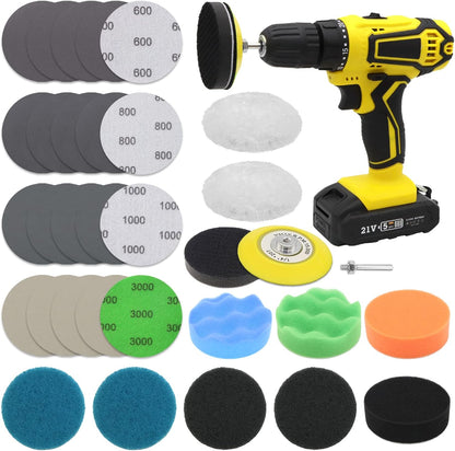 Car Headlight Restoration Kit, 3 Inch Car Polishing Sanding Discs with 1/4 Inch Shank Backing, Scouring Pads, Buffing Sponge, Soft Interface, Woolen Buffer, 41PCS