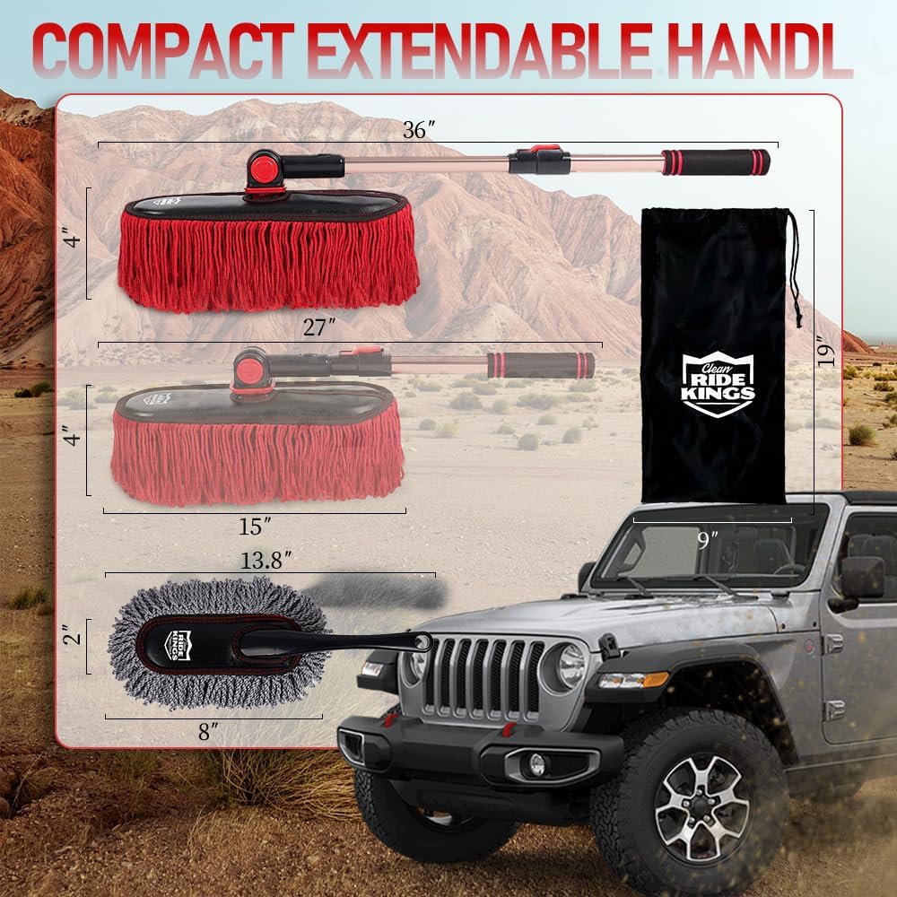 Car Duster Exterior Scratch Free with Extendable Handle, Microfiber Car Cleaning Brush for Dust Removal + Small Detailing Brush for Interior Care