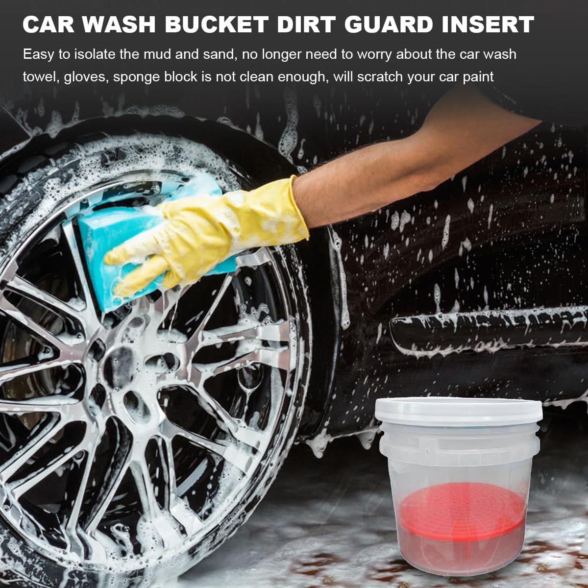 Sun Walker 2PCS Car Wash Bucket Insert, Plastic Vehicle Wash Dirt Guard Insert for Removing Dirt Debris, Auto Detailing Washing Tool Debris Collector Fit 12 Inch Diameter Buckets (Black+Red)