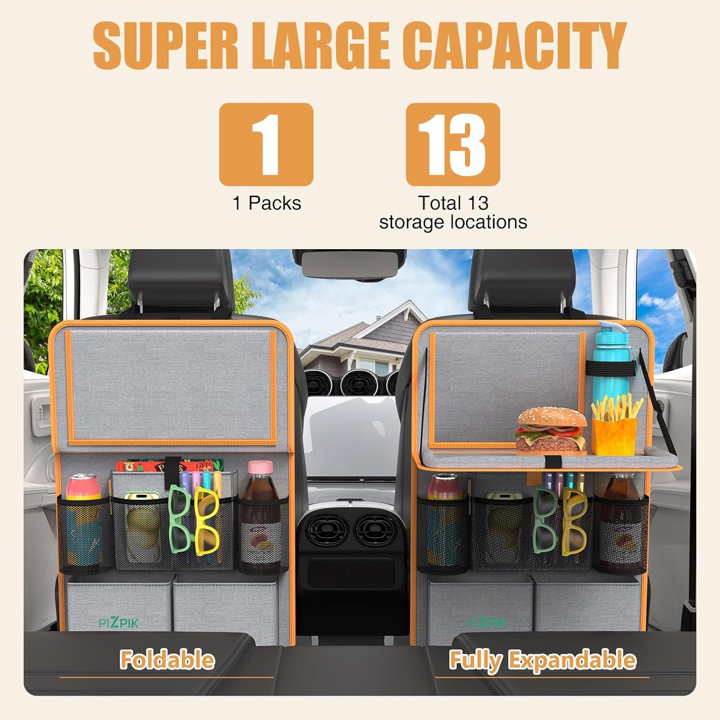 Plzpik Car Backseat Organizer with Tray(2Pack),13 Storage Pockets with Foldable Food Tray, Protector Kick Mats for Kids, Travel Accessories Organizer (Black)